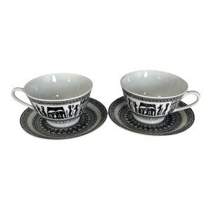 Vintage Robbia Greece Black & White Porcelain Cups & Saucers